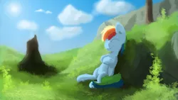 Size: 4000x2250 | Tagged: absurd resolution, artist:fuzzyfox11, derpibooru import, grass, leaning, rainbow dash, safe, sleeping, solo