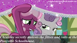 Size: 1280x720 | Tagged: suggestive, derpibooru import, edit, edited screencap, screencap, cheerilee, sweetie belle, earth pony, unicorn, caption, female, filly, headcanon, implied sex, looking at each other, mare, meta, molestation, personal space invasion, redpilled-mlp-headcanons