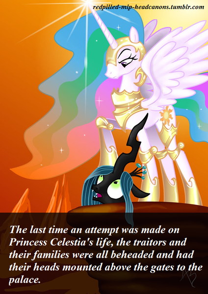 Size: 600x849 | Tagged: semi-grimdark, artist:nightshroud, derpibooru import, princess celestia, queen chrysalis, alicorn, changeling, pony, armor, chrysabuse, dead, decapitated, headcanon, meta, redpilled-mlp-headcanons, severed head, tyrant celestia, warrior celestia