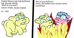 Size: 640x330 | Tagged: 2 panel comic, artist:big baybeh, burning, comic, dark comedy, derpibooru import, fire, fluffy pony, fluffy pony grimdark, grimdark, imminent death, murder, pun