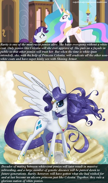 Size: 1138x1920 | Tagged: questionable, artist:johnjoseco, deleted from derpibooru, derpibooru import, princess celestia, rarity, alicorn, pony, ethnic cleansing, eugenics, genocide, glorious master race, headcanon, meta, mouthpiece, out of character, race swap, racism, raricorn, redpilled-mlp-headcanons, tyrant celestia