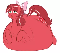 Size: 656x589 | Tagged: artist:redintravenous, ass, belly, belly bed, big belly, blushing, bow, derpibooru import, fat, female, hair bow, immobile, impossibly large belly, inflation, large butt, mare, morbidly obese, obese, oc, oc:red ribbon, simple background, solo, solo female, suggestive, unofficial characters only, white background