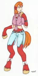 Size: 800x1594 | Tagged: arm hooves, artist:cqmorrell, big macintosh, derpibooru import, female to male, front knot midriff, human, midriff, rule 63, safe, solo, transformation, transgender transformation, wardrobe malfunction, watch