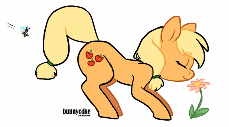 Size: 822x457 | Tagged: safe, artist:bunnyc4ke, derpibooru import, applejack, bee, earth pony, pony, female, flower, hatless, mare, missing accessory, simple background, solo