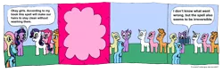 Size: 2126x692 | Tagged: safe, artist:finnishflutterguy, derpibooru import, applejack, fluttershy, pinkie pie, rainbow dash, rarity, twilight sparkle, twilight sparkle (alicorn), alicorn, pony, bald, balderdash, book, comic, female, magic, mane six, mare, oops