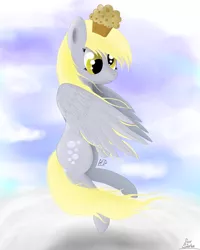 Size: 1000x1250 | Tagged: safe, artist:goforgold, derpibooru import, derpy hooves, pegasus, pony, cloud, cloudy, flying, muffin, solo