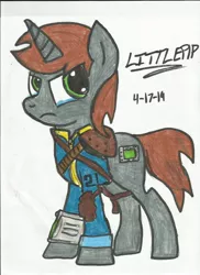 Size: 1700x2338 | Tagged: safe, artist:neos-two, derpibooru import, oc, oc:littlepip, unofficial characters only, pony, unicorn, fallout equestria, fanfic, clothes, crying, cutie mark, fanfic art, female, hooves, horn, mare, pipbuck, simple background, solo, text, traditional art, vault suit, white background