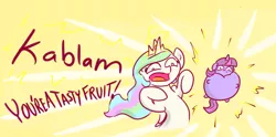 Size: 1600x791 | Tagged: safe, artist:poptart36, derpibooru import, princess celestia, twilight sparkle, twilight sparkle (alicorn), alicorn, pony, banana magic, blueberry, deviantart will love this, female, fruit, inflation, mare, single panel, tasty fruit, twiberry sparkle, wat