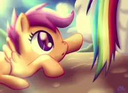 Size: 1024x744 | Tagged: safe, artist:pshyzomancer, derpibooru import, rainbow dash, scootaloo, pegasus, pony, :o, cloud, cloudy, cute, cutealoo, eyes on the prize, female, filly, nose wrinkle, solo focus, stare, tail, touch