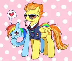 Size: 800x687 | Tagged: admiration, artist:susu, blushing, clothes, derpibooru import, female, heart, lesbian, looking at you, pixiv, polka dots, rainbow dash, raised hoof, safe, shipping, smug, spitdash, spitfire, sunglasses, uniform, whistle