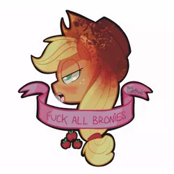 Size: 550x550 | Tagged: suggestive, artist:prikle, derpibooru import, edit, applejack, earth pony, pony, ahegao, applejack's hat, blushing, breath, cowboy hat, cutie mark, female, food, hat, mouthpiece, old banner, open mouth, solo, solo female, sweat, tongue out, vulgar