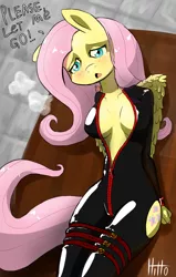 Size: 868x1366 | Tagged: anthro, artist:sohawkus, bdsm, begging, belts, blushing, bondage, breasts, clothes, crying, cuffs, female, fluttershy, flutterspy, imminent rape, latex, latex suit, open clothes, open mouth, semi-grimdark, solo, solo female, straps, suggestive, wings