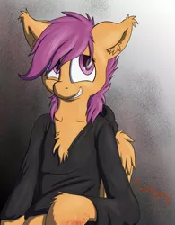 Size: 1600x2048 | Tagged: semi-grimdark, artist:punk-pegasus, derpibooru import, scootaloo, pegasus, pony, semi-anthro, fanfic:pegasus device, fanfic:rainbow factory, absentia, alternate universe, baggy hoodie, bipedal, black and white background, black clothes, black hoodie, black suit, blood, blood on hooves, chest fluff, clothes, definitely not evil, detailed, ear fluff, evil, evil scootaloo, eviloo, eye twitch, factory absentia, factory scootaloo, fanart, fanfic art, female, female focus, fluffy, folded wings, good end?, grin, hoodie, hoof fluff, image, insanity, lighting, mare, messy mane, older, older scootaloo, orange fur, pegasus device, png, purple eyes, purple mane, rainbow factory au, rainbow factory worker, rainbow factory worker scootaloo, secretly crazy, shading, signature, simple background, smiling, solo, solo focus, tumblr, wing fluff, wings