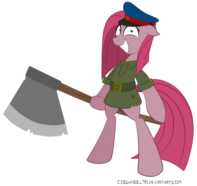 Size: 2322x2190 | Tagged: safe, artist:cogwheel98, derpibooru import, pinkie pie, pony, axe, bipedal, nkvd, pinkamena diane pie, solo, soviet