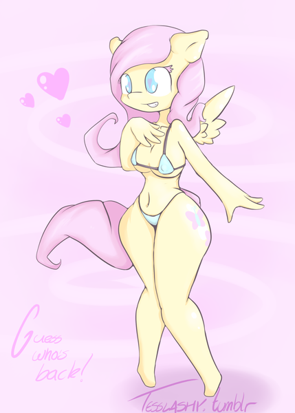 Size: 1000x1400 | Tagged: anthro, artist:tesslashy, belly button, bikini, breasts, clothes, derpibooru import, female, fluttershy, heart, pony coloring, solo, solo female, suggestive, swimsuit