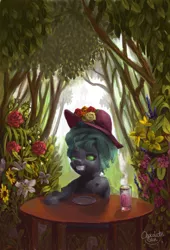 Size: 680x1000 | Tagged: artist:chocolatesun, changeling, derpibooru import, flower, glass, hat, plate, safe, solo, table, tree, uncanny valley