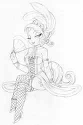 Size: 852x1280 | Tagged: anthro, artist:crovirus, bedroom eyes, breasts, burlesque, cherry jubilee, clothes, corset, crossed legs, derpibooru import, fan, female, fishnets, looking at you, monochrome, saloon dress, smiling, solo, solo female, stockings, suggestive