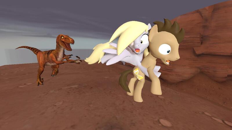 Size: 1280x720 | Tagged: safe, artist:mrderpinhooves, derpibooru import, derpy hooves, doctor whooves, time turner, dinosaur, pegasus, pony, utahraptor, velociraptor, 3d, carrying, female, flying, male, mare, running, scared, source filmmaker, stallion