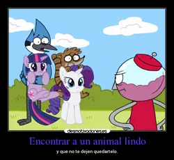 Size: 650x598 | Tagged: artist:cartuneslover16, crossover, derpibooru import, mordecai, mordecai and rigby, mordetwi, motivational poster, rarity, regular show, ride, rider, riding, rigby, safe, spanish, twilight sparkle