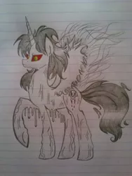 Size: 450x600 | Tagged: semi-grimdark, artist:zigragirl, derpibooru import, oc, oc:darkfire, unofficial characters only, alicorn, pony, alicorn oc, antagonist, corrupted, donut steel, evil, irc, lined paper, mary sue, monochrome, obvious, pencil drawing, solo, traditional art