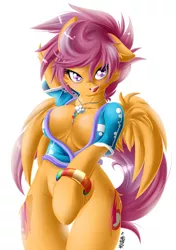 Size: 1164x1650 | Tagged: anthro, arm hooves, artist:knifeh, bottomless, breasts, busty scootaloo, cleavage, clothes, covering, cutie mark, derpibooru import, featureless breasts, female, necklace, older, scootaloo, solo, solo female, suggestive, unguligrade anthro, vest