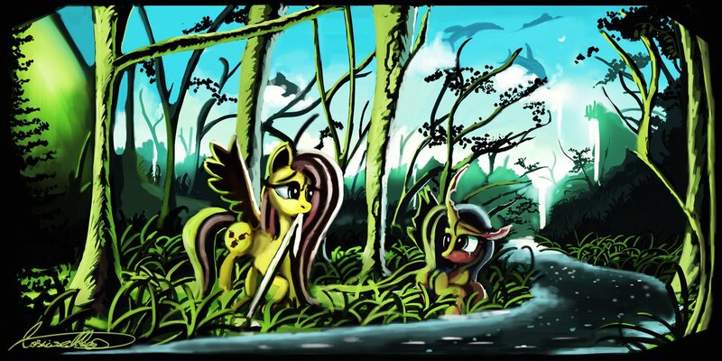 Size: 1264x632 | Tagged: artist:auroriia, derpibooru import, dolphins, fluttermom, fluttershy, mama fluttershy, motherly, queen chrysalis, river, safe, scenery, tree, water