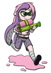 Size: 2893x4092 | Tagged: safe, artist:scramjet747, derpibooru import, sweetie belle, human, inkling, pony, belly button, clothes, earbuds, female, future sweetie bot, gun, humanized, ipod, midriff, music player, nintendo, paint, parody, running, shorts, simple background, smiling, solo, splatoon, splattershot, sweetie bot, transparent background