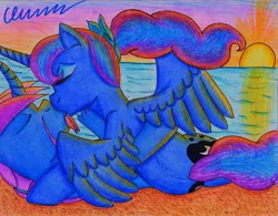 Size: 2197x1716 | Tagged: safe, artist:the1king, derpibooru import, princess luna, oc, oc:azure night, azuna, beach, canon x oc, ocean, shipping, sunset, traditional art