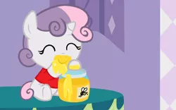 Size: 1536x960 | Tagged: safe, artist:beavernator, derpibooru import, sweetie belle, pony, spoiler:comic, baby, baby belle, baby pony, beavernator is trying to murder us, crossover, cute, daaaaaaaaaaaw, diasweetes, eating, eyes closed, foal, honey, messy eating, sitting, smiling, solo, underhoof, winnie the pooh