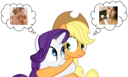 Size: 1000x604 | Tagged: safe, derpibooru import, applejack, rarity, apple, female, hug, lesbian, marshmallow, rarijack, shipping, thought bubble