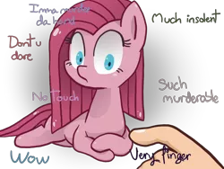 Size: 1600x1200 | Tagged: safe, artist:spritetheunicorn, derpibooru import, pinkie pie, earth pony, pony, cute, cuteamena, diapinkes, doge, female, finger, frown, hand, looking at something, mare, meme, offscreen character, pinkamena diane pie, ponified animal photo, pov, prone, reference, simple background, solo focus, sploot, this will end in tears, transparent background, wide eyes, wow