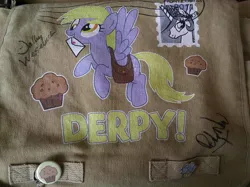 Size: 599x448 | Tagged: artist needed, safe, derpibooru import, derpy hooves, princess celestia, pegasus, pony, 2013, autograph, bag, button, convention, custom, female, irl, mare, merchandise, messenger bag, pin, stamp, trotcon, welovefine