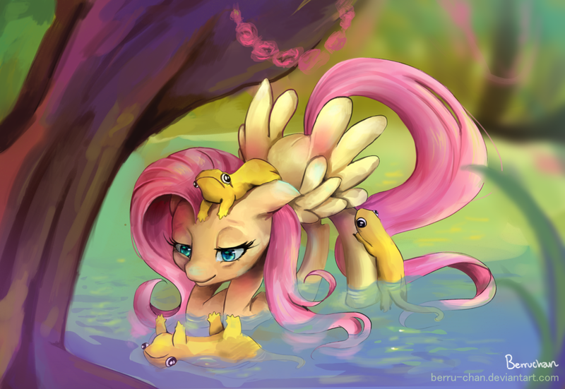 Size: 1024x705 | Tagged: animal, artist:berru-chan, derpibooru import, fluttershy, safe, salamander, solo, water