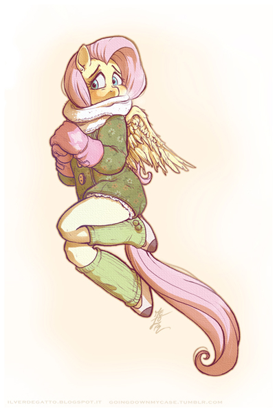 Size: 457x680 | Tagged: anthro, artist:thezeo, clothes, derpibooru import, female, fluttershy, gloves, leg warmers, panting, safe, scarf, solo, winter