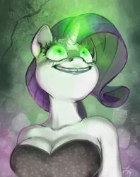 Size: 600x758 | Tagged: anthro, artist:thezeo, breasts, bust, busty rarity, cleavage, corrupted, derpibooru import, female, glowing eyes, glowing horn, insanity, inspiraritits, inspirarity, inspiration manifestation, lipstick, possessed, rarity, safe, smiling, solo, strapless