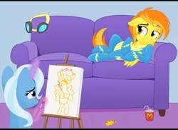 Size: 1140x830 | Tagged: safe, artist:thegamblehorse, deleted from derpibooru, derpibooru import, spitfire, trixie, pegasus, pony, unicorn, couch, draw me like one of your french girls, female, goggles, i am not that tall, lesbian, magic, mare, mcdonald's, paintbrush, shipping, telekinesis, trixfire, wonderbolts uniform