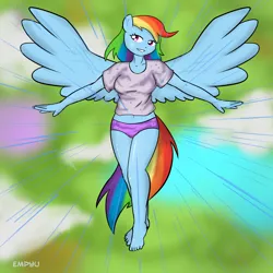 Size: 1000x1000 | Tagged: ambiguous facial structure, anthro, artist:empyu, barefoot, breasts, clothes, derpibooru import, feet, female, panties, plantigrade anthro, rain, rainbow dash, solo, solo female, suggestive, underwear, wet, wet clothes, wet shirt