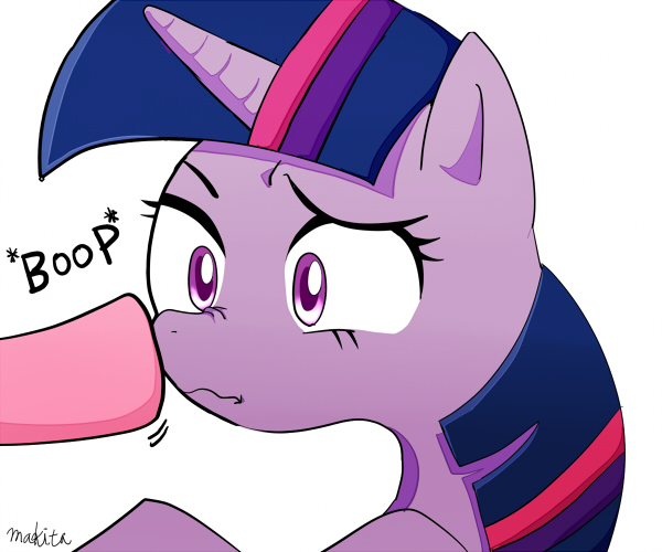 Size: 600x500 | Tagged: artist:makita, boop, derpibooru import, frown, funny, hooves, nose wrinkle, pinkie pie, pixiv, raised eyebrow, safe, scrunchy face, twilight sparkle, wide eyes