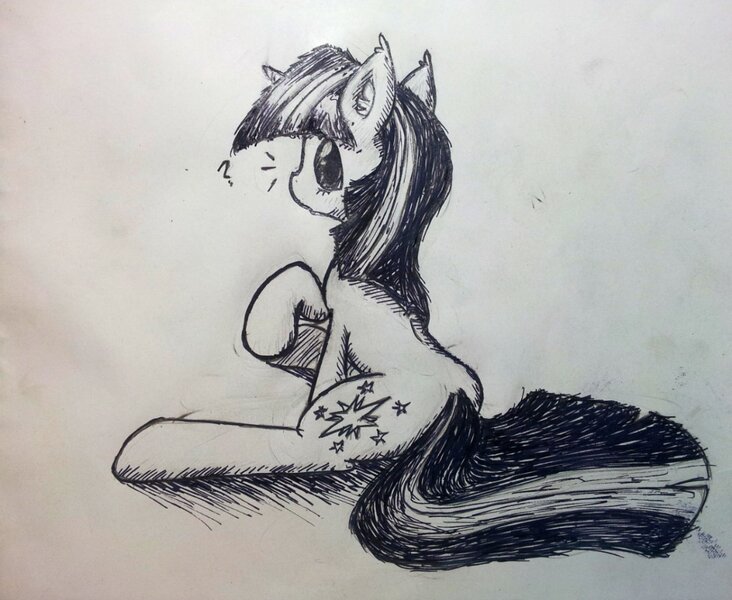 Size: 1200x984 | Tagged: safe, artist:pw211, derpibooru import, twilight sparkle, looking at you, looking back, monochrome, :o, paper, question mark, raised hoof, shading, sketch, solo, traditional art