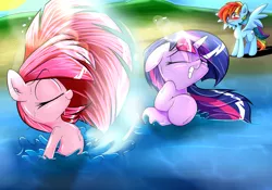 Size: 1280x896 | Tagged: safe, artist:madacon, derpibooru import, pinkie pie, rainbow dash, twilight sparkle, earth pony, pegasus, pony, unicorn, beach, blushing, ear fluff, eyes closed, female, floppy ears, frown, grin, lesbian, mare, one eye closed, pinkiedash, shiny, shipping, smiling, swimming, twidash, watching, water, wet, wet mane, wide eyes, wingboner, wink