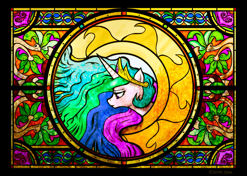 Size: 5599x3999 | Tagged: artist:cigitia, crown, derpibooru import, modern art, nouveau, praise the sun, princess celestia, sad, safe, solo, stained glass, sun