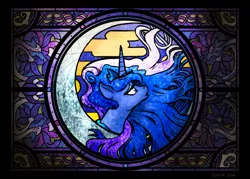 Size: 2520x1800 | Tagged: artist:cigitia, crown, derpibooru import, modern art, moon, nouveau, princess luna, sad, safe, solo, stained glass