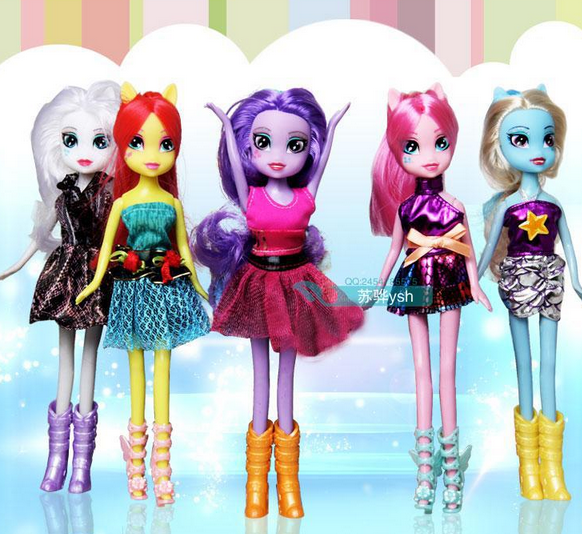 Size: 582x534 | Tagged: safe, derpibooru import, fluttershy, pinkie pie, rainbow dash, rarity, sunset shimmer, twilight sparkle, equestria girls, bootleg, doll, ponied up, toy