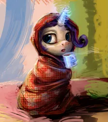 Size: 985x1105 | Tagged: safe, artist:kaermter, derpibooru import, rarity, pony, unicorn, blanket, coffee, cup, cute, magic, raribetes, sitting, solo, telekinesis, wrapped up