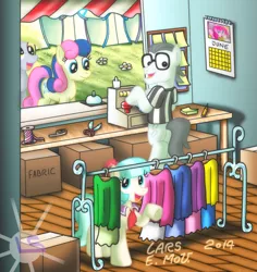 Size: 1930x2045 | Tagged: safe, artist:lars99, derpibooru import, bon bon, coco pommel, derpy hooves, pinkie pie, silver shill, sweetie drops, pegasus, pony, calendar, cash register, clothes, cocoshill, female, male, mare, shipping, shop, straight, working