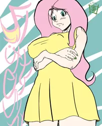 Size: 814x1004 | Tagged: artist:thethunderpony, breast hold, breasts, busty fluttershy, derpibooru import, female, fluttershy, human, humanized, nail polish, solo, solo female, suggestive