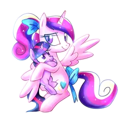 Size: 976x931 | Tagged: safe, artist:kaji-tanii, derpibooru import, princess cadance, twilight sparkle, pony, filly, filly twilight sparkle, foalsitter, holding a pony, redraw, simple background, teen princess cadance, transparent background, younger