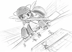 Size: 1286x936 | Tagged: artist:alloyrabbit, derpibooru import, giantess, hockey, macro, monochrome, rainbow dash, safe, stadium