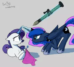 Size: 1400x1258 | Tagged: artist:darkflame75, bedroom eyes, context is for the weak, derpibooru import, disproportionate retribution, eye contact, floppy ears, frown, glare, imminent murder-suicide, knitting, lunadoodle, magic, princess luna, prone, rarity, rocket launcher, rpg-7, rpg (weapon), safe, smiling, smug, telekinesis, this will end in tears and/or death, weapon, wide eyes