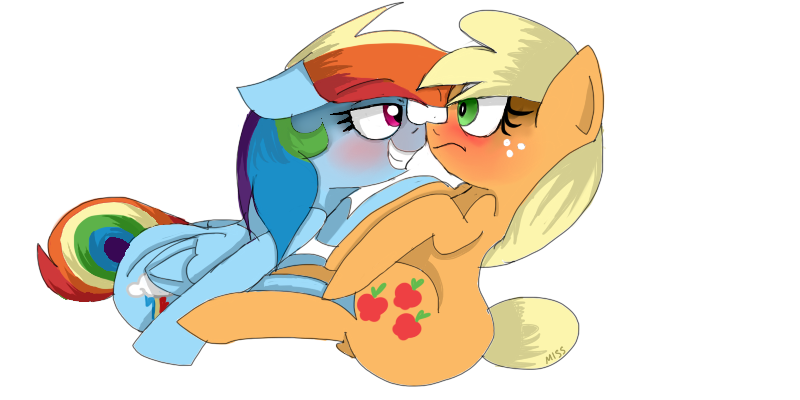 Size: 800x400 | Tagged: safe, artist:misspolycysticovary, derpibooru import, applejack, rainbow dash, appledash, bedroom eyes, blushing, boop, eye contact, female, floppy ears, frown, grin, lesbian, noseboop, shipping, side, simple background, sitting, smiling, transparent background, vector, wide eyes